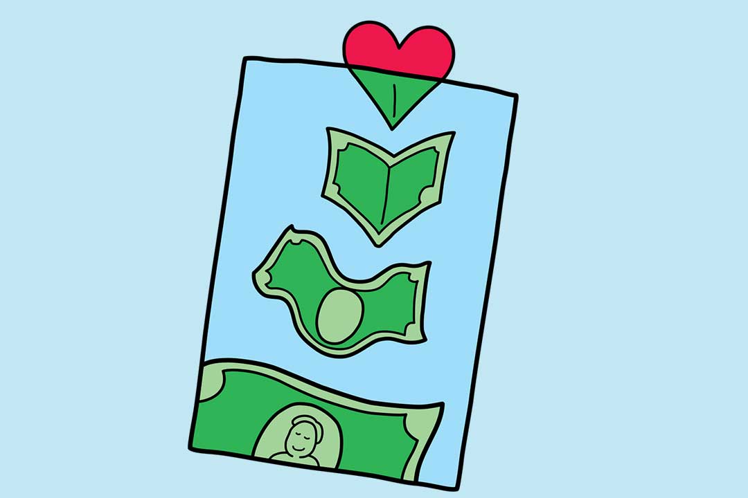 Dinheiro entrando em uma bolsa com um coração se transformando em uma nota de dólar