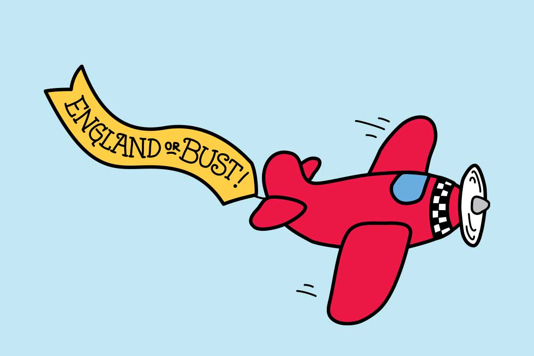 Avião voando com uma faixa dizendo: “England or Bust”