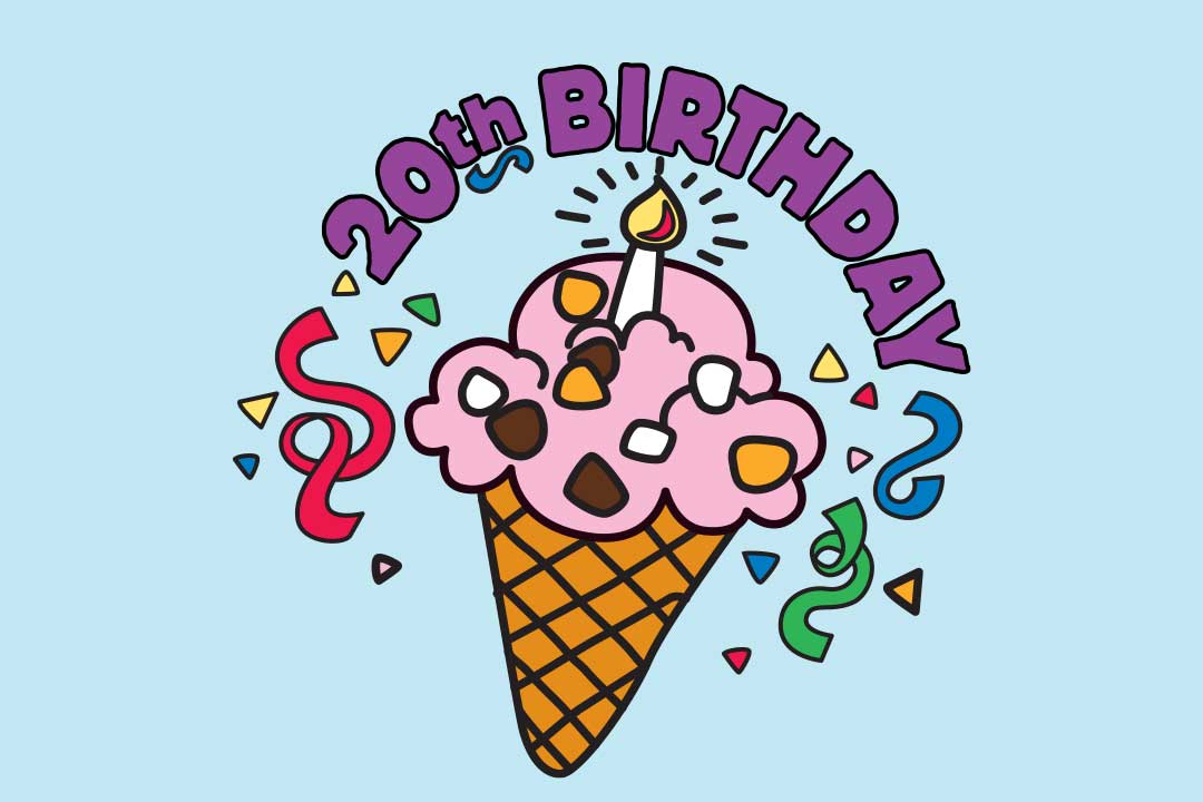 20.º aniversário com cone de sorvete