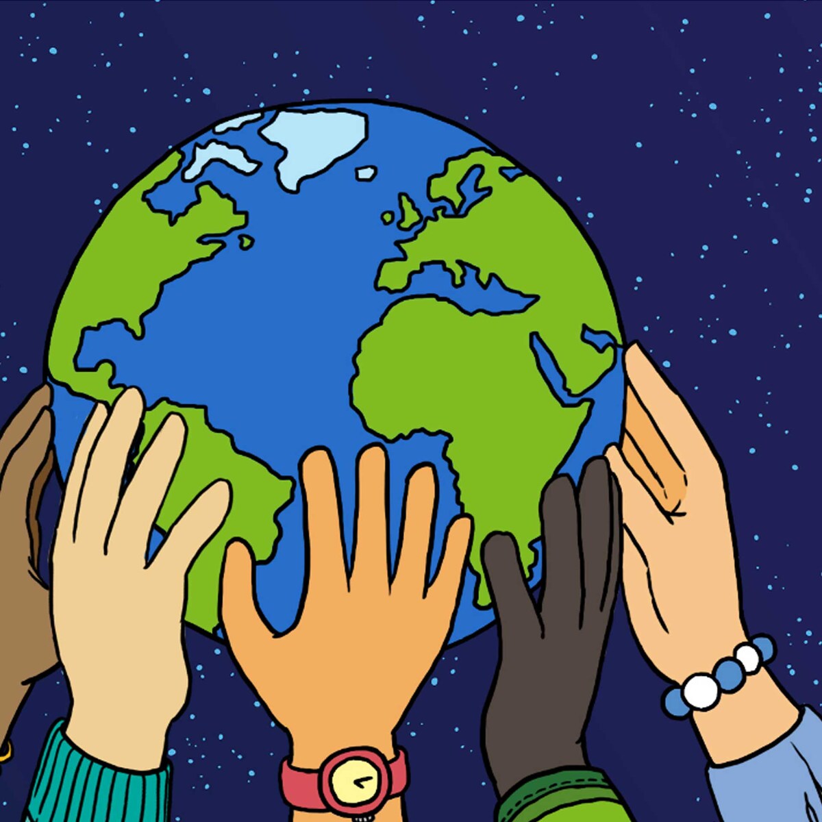 Ilustração de mãos segurando um globo